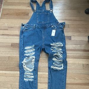 Fashion Nova Blue Distressed Denim Overalls